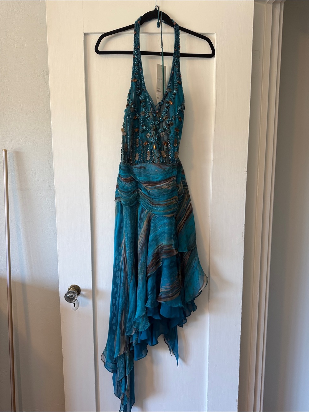 NWT Sue Wong Silk Beaded Halter Dress Size 8 Turquoise Teal Fairycore Y2K